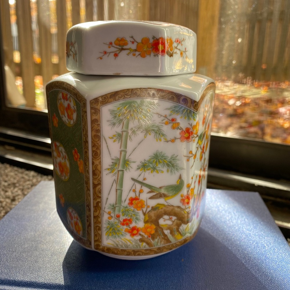 Vintage Hexagonal Porcelain Jar with Lid Oriental Bird Blossom Design- Japan‎
